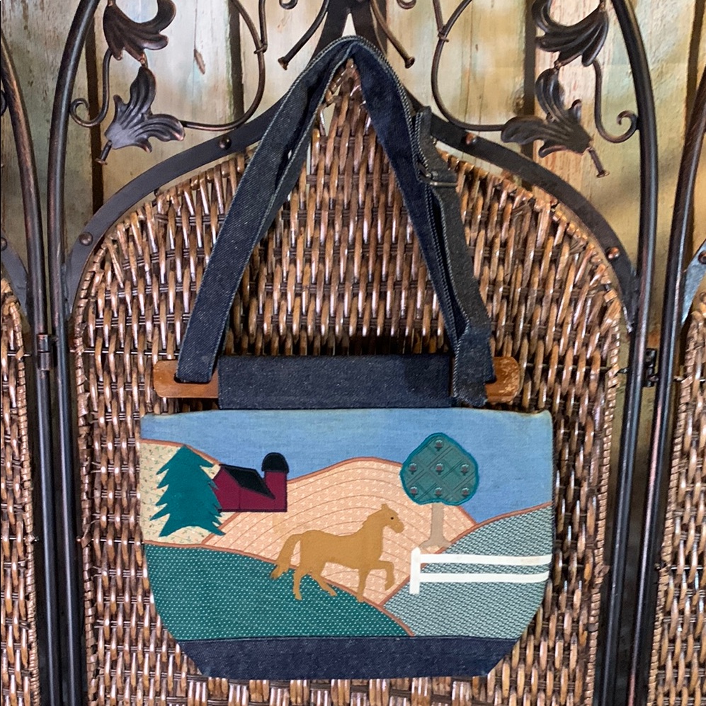 Vintage Handmade Appliqu Embroidered Horse Fabric And Wood Purse